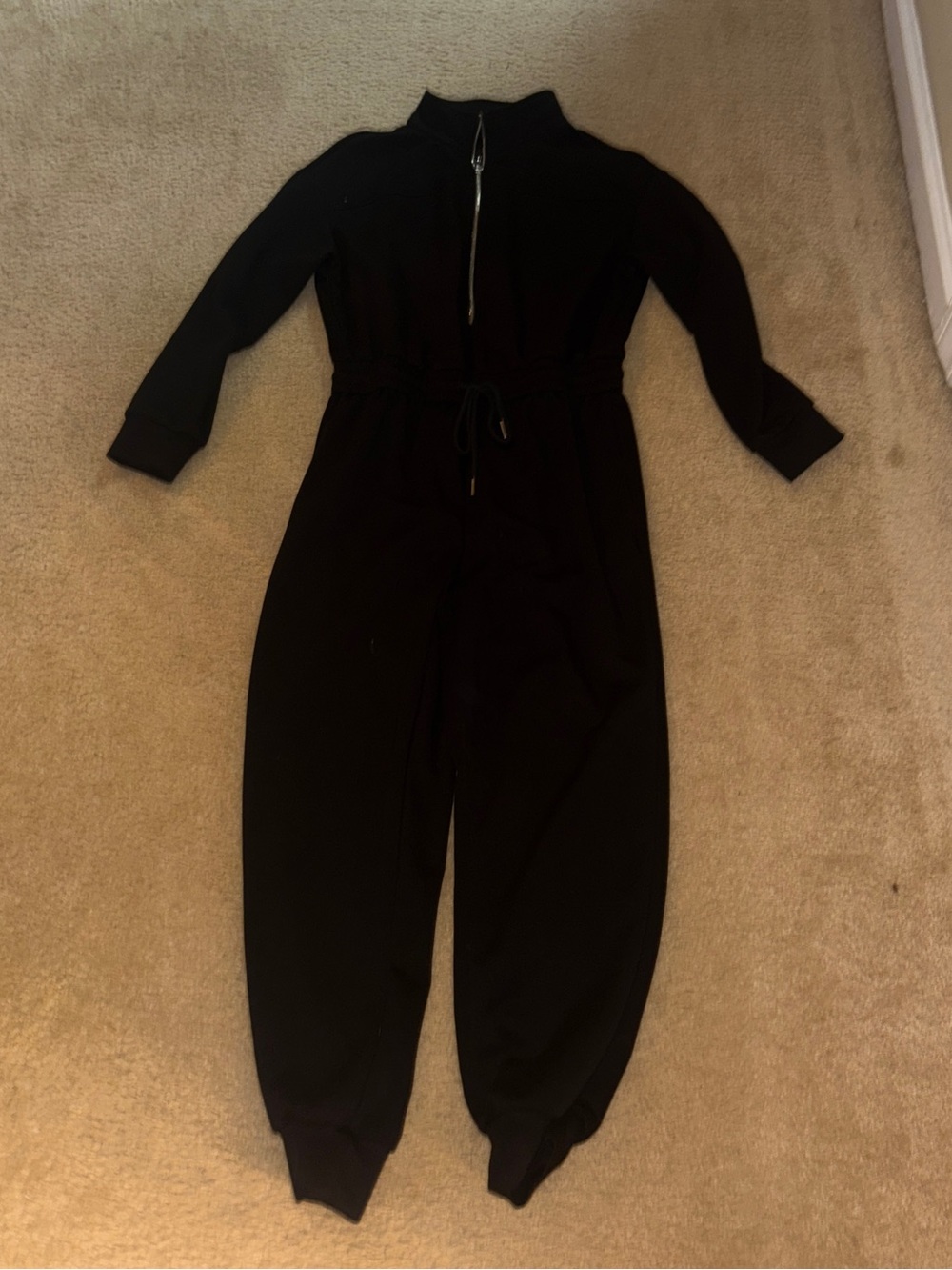 Black Zip-Front Long-Sleeve Jumpsuit with Drawstring Waist